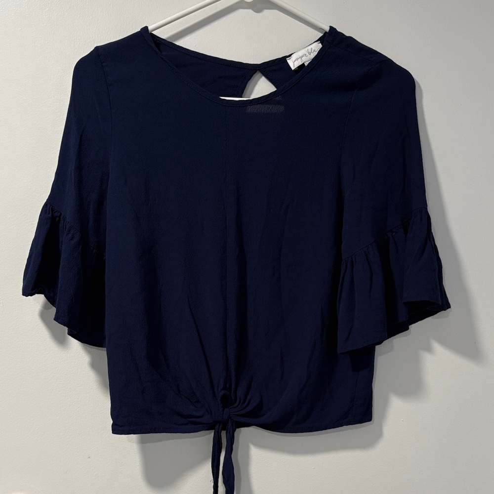 Navy Blue Tie-Front Blouse